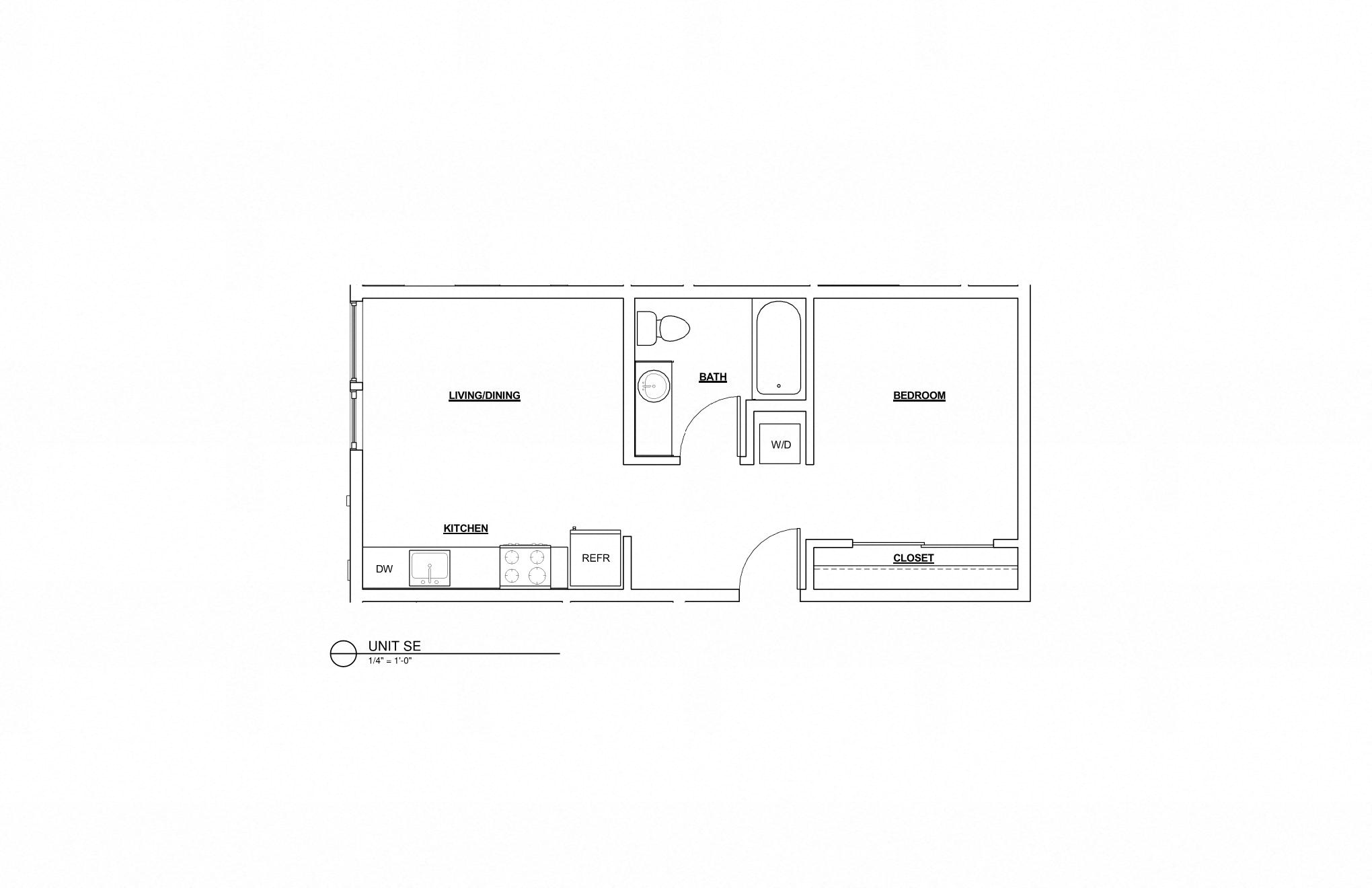 Floor plan for 1 bed, 1 bath, 561 sqft